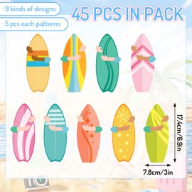 JarThenaAMCS 45Pcs Summer Cutouts Surfboard Paper Cut-Outs 9 Designs Hawaiian Beach Surfing Bulletin Board Decor with 100Pcs Glue Points for DIY Craft Classroom Home Party