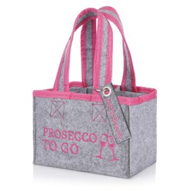 FunX Bottle Bag Prosecco to Go - Felt Bag for 6 Bottles - Grey with Carry Straps and Print - Versatile - 19 x 12 x 14 cm, Grey/pink, Drinks bag with tag