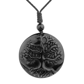 Tree of Life Necklace Black Obsidian Lucky Talisman Protection Pendant with Adjustable Rope Reiki Healing Crystal Stone Amulet Jewelry Spiritual Gifts for Women Men