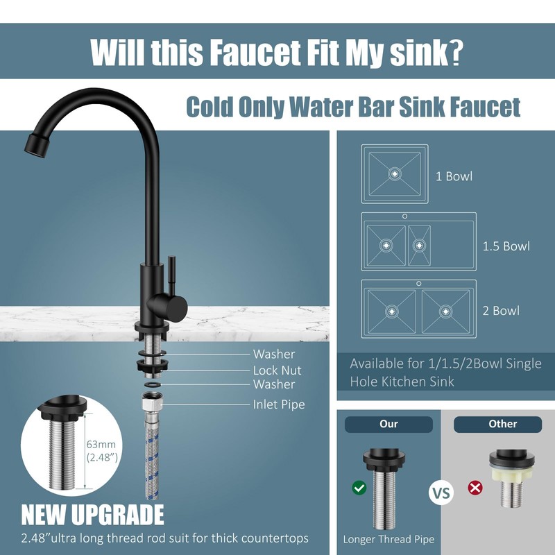 Aolemi Cold Water Only Kitchen Faucet Black 304 Stainless Steel