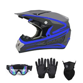 TTMiku Youth Kids Motocross Helmet, DOT Off Road ATV Dirt Bike 4 Wheeler BMX Motorcycle Racing Style Helmet+Goggles+Gloves+Face Shield, Blue, Medium