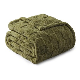 Exclusivo Mezcla Queen Size Flannel Fleece Blanket, Super Soft 3D Checkered Jacquard Bed Blanket, Cozy Fluffy Lightweight Blanket for All Seasons, 90x90 Inches, Olive Green Blanket