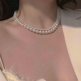 Aneneiceera Vintage Layered Pearl Choker Necklace Double Strand Pearl Necklace Silver Pearl Chain Necklace Minimalist Collar Necklace Jewelry for Women