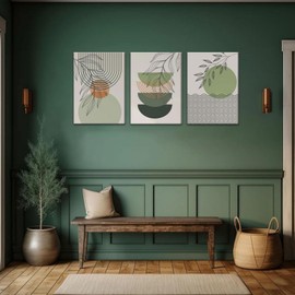 3Pcs Framed Sage Green Canvas Wall Art Boho Geometric Line Leaf Sun MoonGreen Textured Pictures Wall Decor Artwork Paintings for Living Room Bedroom Bathroom Office12x16in