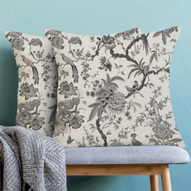 Chinoiserie Spring Pillow Covers 18 x 18 Inch Set of 2 Black and White Floral Birds Throw Pillows Plant Outdoor Decorative Pillowcase Linen Cushion Cases for Bed Sofa Couch