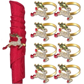 LATERN 8Pcs Christmas Napkin Rings, Gold Christmas Deer Napkin Holders Xmas Napkin Buckle with Rhinestone for Christmas Lunch Thanksgiving Party Holiday Wedding Table Decoration (5cm x 4cm)