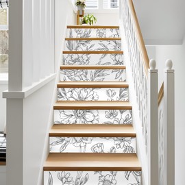 funlife 14pcs Hand Drawn Peel and Stick Vintage Line art Floral Stair Riser Decals, Decorative Flower Stair Riser Stickers for Kitchen Living Room Home Decor, Davys Grey Victorian Peonies 7.09"x39.37"