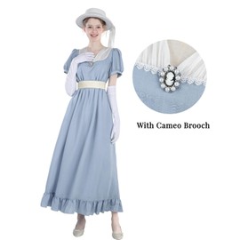 Nuoqi Regency Dress Women 1800s Victorian Costume Regency Era Tea Party Gown with Cameo, Light Blue, XL