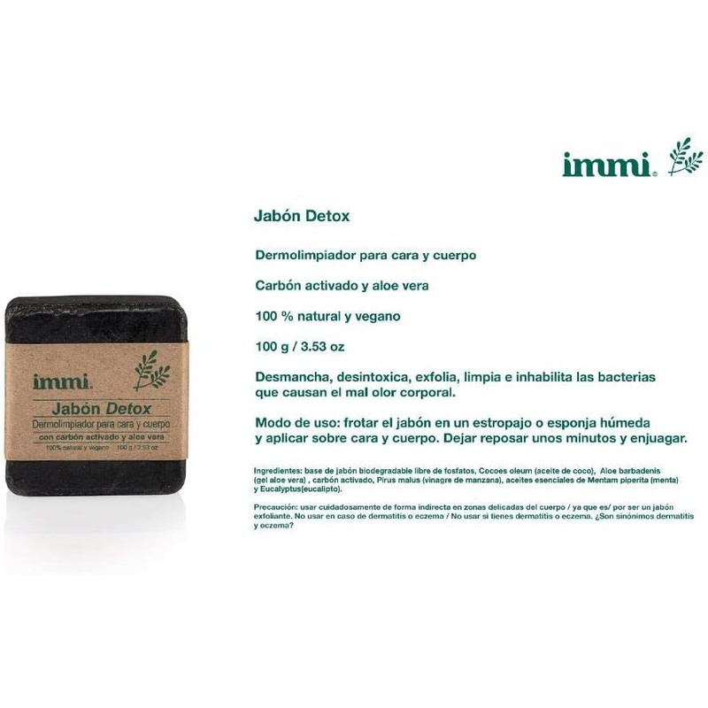 Immi Jabón Detox de 100g, Jabón dermolimpiador para cara y