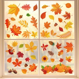 Whaline 124Pcs Fall Window Clings Colorful Maple Leaves Pumpkin Pine Reusable Window Decals for Autumn Thanksgiving Harvest Party Seasonal Holiday Home School Supplies