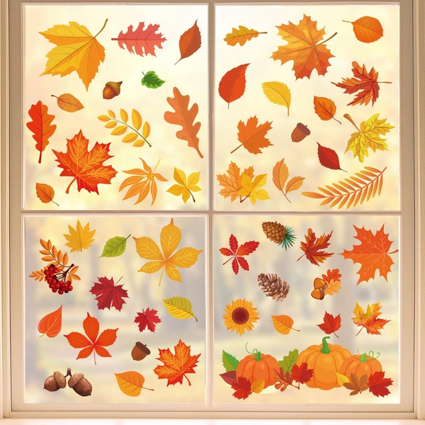 Whaline 124Pcs Fall Window Clings Colorful Maple Leaves Pumpkin Pine