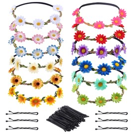 EDLMKM 12 Pcs FFlower Crown Headbands, FFlower Headbands for Women, Daisy Flower Hair Band, Festival Hair Accessories, Daisy Headband, Ladies Floral Festival Flower with Adjustable Elastic Ribbon