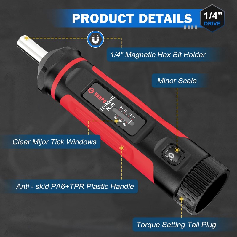 VANPO Torque Screwdriver 1/4 Inch, 1-7Nm Small Torque Wrench Screwdriver,