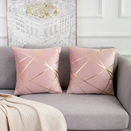 2 Pack Velvet Cushion Cover 40 x 40 CM Pink Decorative Throw Pillow Covers Gold Lines Square Geometry Cushion Case Soft Home for Living Room Bedroom Spring Summer 16 x 16 Inch