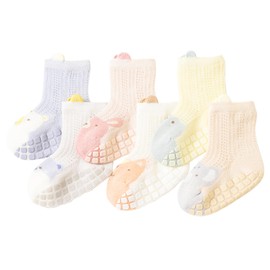 MOMSMENU Baby Socks, Summer, Baby Socks, Cotton, Cute, Anti-Slip, Easy to Wear, Set of 6 Pairs, pink white yellow