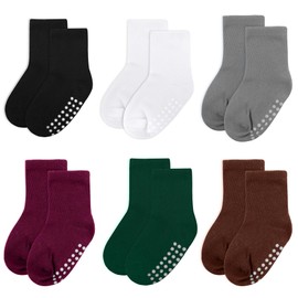 jealkip 6 pack baby socks, cotton crew children's socks, non-slip grip socks, unisex, for toddlers, boys, girls, Black/White/Gray/Reddishbrown/Darkgreen/Maroon, 1T