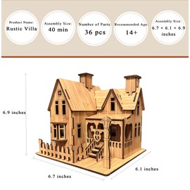 MPIUET 3D Wooden House Puzzles for Adults Wooden Rustic Villa Building Model, 3D Jiasaw Puzzles, 6.7" × 6.1" × 6.9", Laser Engraving, Without Burrs, No Glue or Other Tools Required
