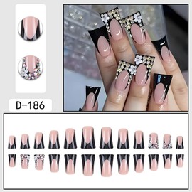 Duck Press on Nails Black French Tip Fake Nails Medium Acrylic Nails Press Ons with 3D Flower and Diamond Design Artificial False Nails Light Luxury Shining Full Cover Stick On Nails for Women