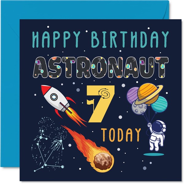 7th Birthday Card Boy - Space Astronaut Cosmos - Happy Birthday Card 7 Year Old Boy Girl, Seven Seventh Girls Boys Birthday Cards, 145mm x 145mm Greeting Card for Son Daughter Niece Nephew Grandson