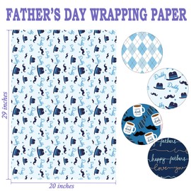SaringSwoon Father's Day Wrapping Paper - Blue Gift Wrap for Men With Happy Father's Day, Best Dad Ever, Hat, Tie, Mustache and Plaid Design - 20×29 Inches, 8 Folded Sheets