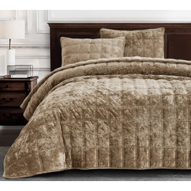 Chezmoi Collection Piers Tan Velvet Quilt King Set, 3-Piece Plush Distressed Velvet Bedding All Season Lightweight Comforter - Brushed Microfiber Reverse with Double Square Stitch