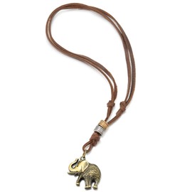 COOLSTEELANDBEYOND Vintage Aged Brass Textured Elephant Pendant Necklace for Women with Adjustable Brown Leather Strap, Brown leather, No Gemstone