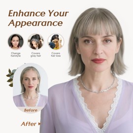 Rich Choices 100% Real Human Hair Topper with Bangs - Real Remy Hair Topper for Women Thinning on Top, 5.1x2.7 Inch Clip In Silk Base Hair Piece 8 Inch Salt and Pepper G2 Gray