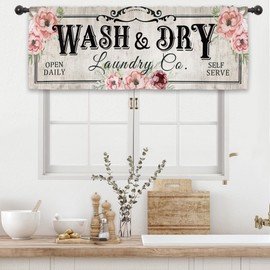 Kalmico Rustic Flower Laundry Room Curtain Valance 54W x 18L Inch Farmhouse Country Rural Spring Wash Dry Rod Pocket Short Cafe Small Window Treatment Drapes Decor