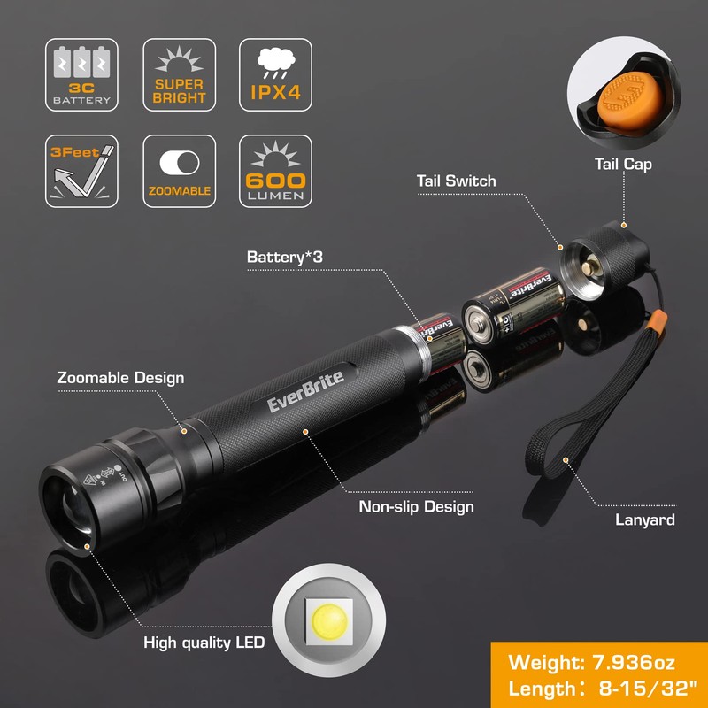 EverBrite Ultra Bright Tactical Flashlight, 600 Lumen Zoomable Adjustable Focus,