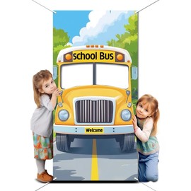 WADORN Bus Background Photo Door Banner Bus Theme Large Fabric Photo Door Background Props Decor Funny Welcome Bus Photo Background Party Accessories for Decoration Birthday Parties 90 x 180 cm