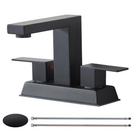 KINGO HOME Black 2 Handle Centerset Bathroom Faucet,Matte Black 4 Inch Bathroom Sink Faucet Modern Vanity Faucets for Sink 3 Hole Lavatory Bath Faucet with Lead-Free Supply Hose and Pop up Drain