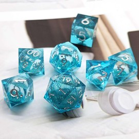 HiLLeo DND Dice Set 7pcs Elegant Quicksand Liquid Core Sharp Edge Handmade D&D Dice Set for Dungeons and Dragons RPG MTG Role Playing Games Tabletop Games with Dice Box (Blue)
