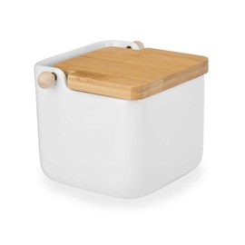 Vessia - Ceramic Salt Pot, Hinged Lid Made of Bamboo, Practical Salt Jar and Salt Vessel for the Kitchen, Salt Barrel Ceramic with Lid, Ideal as a Salt Container - (White)