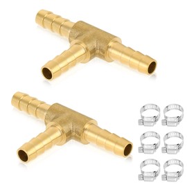 2Pcs 1/4" x 1/4"x 1/4" Brass Tee,Brass Hose Barb Tee T-Shaped 3 Ways Union with 6pcs Stainless Steel Pipe Clamps for Water/Fuel/Air
