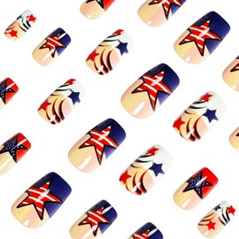 Mkwntg 24Pcs Independence Day Press on Nails Short Square Fake Nails with Colorful Firework Design White Blue Red French Tip False Nails 4th of July American Flag Star Acrylic Glue on Nails for Women