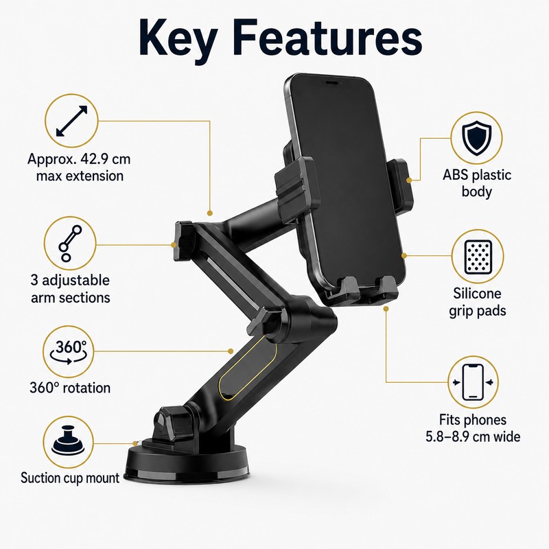 Long-Arm Car Phone Holder with Suction Cup – 16.9-Inch Adjustable
