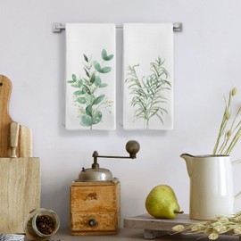 Qeheb Watercolor Sage Green Leaf Kitchen Towels Set of 4, Rustic Fern and Eucalyptus Botanical Decorative Dish Tea Towels, Greenery Floral Hand Towels for Bathroom Decor, 16X24In