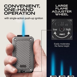 Colibri Rally Single Jet Flame Butane Lighter, Windproof & Refillable, Cigar Enthusiast's Choice with Blue Fuel Window and Adjustable Flame (Gunmetal)