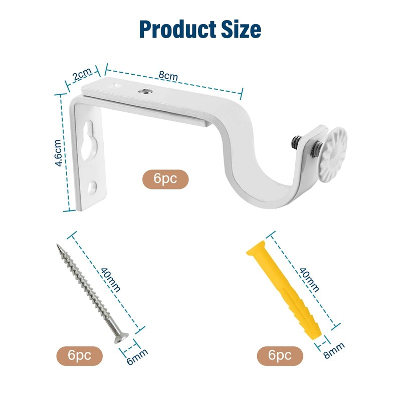 ZOCONE 6 Pcs White Curtain Pole Brackets, Adjustable Curtain Brackets