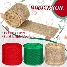 Whaline 30 Yard Christmas Wired Edge Ribbon 3 Colors Burlap Wrapping Ribbon 2.5 Inch Red Green Natural Craft Ribbon Rustic Decorative Ribbon for Gift Wrapping Wreath Floral Arrangement Bow