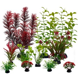GGPEIH 11 Pcs Aquarium Decoration Artificial Pond Plants, Aquarium Plants Aquatic Plants Aquarium Accessories Aecorative Plastic Plants Dark Red Green Small Aquatic Plants for Mini Ponds, Fish Tanks