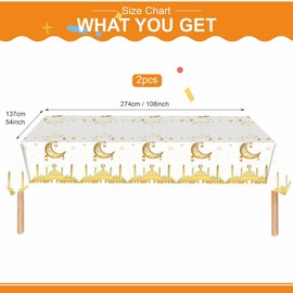 2Pcs 137*274cm Eid Ramadan Mubarak Disposable White gold Tablecloth Decorations for Eid Mubarak Party Table Cloth Covers Dining Tablecover for Indoor or Outdoor Party Eid Ramadan decoration