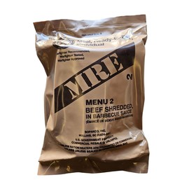 Genuine USGI Individual MRE [Meal, Ready to Eat] Inspection Date 01/2024 or Newer - You Choose Menu - Complete Ration with Entree, Snacks, Dessert, Drink Mix, Utensils, Condiments and FRH. (#2 BBQ Shredded Beef)