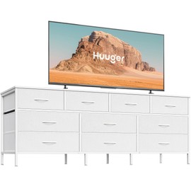 Huuger 63 Inch Dresser for Bedroom, Long Dresser with 10 Fabric Drawers, TV Stand for 55, 65, 70 Inch TV, Toy Storage Organizer for Closet, White