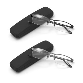 Autojouls 2-Pack Blue Light Block Reading Glasses for Men Women with Hard Cases，Half Frame Spring Hinge Metal Readers Anti Eyestrain, 2 Black 2 Gunmetal 1.0 x