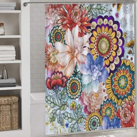 Boho Floral Shower Curtain for Bathroom, Bohemian Mandala Pattern Printed Watercolor Vintage Peony Blossom Summer Spring Paisley Flower Waterproof Fabric Shower Curtain Set with Hooks, 72"x72" Inch