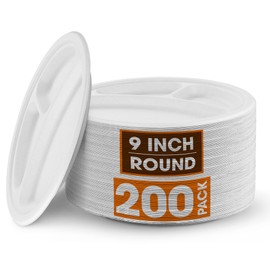 Cheer Collection 9 inch Compostable Divided Paper Plates - 100% Biodegradable 3 Section Paper Plates for Hot or Cold Food, Party & Event | White (200 pcs per pack)