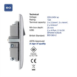 BG Electrical Single Switched Fast Charging Power Socket with Two USB Charging Ports