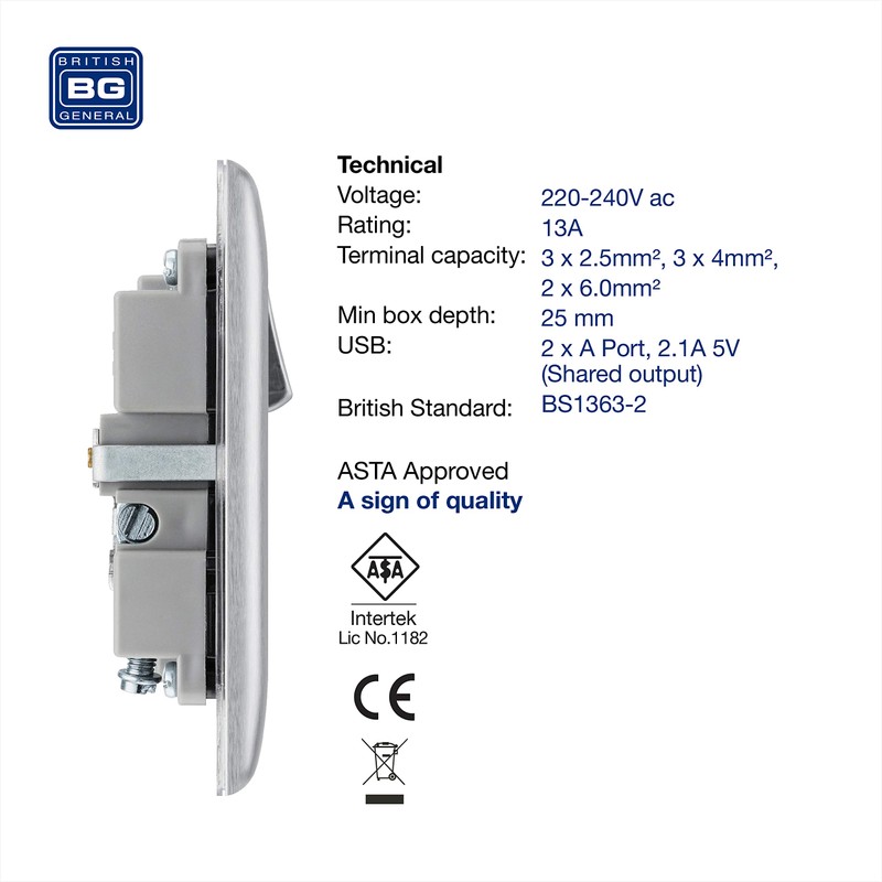 BG Electrical Single Switched Fast Charging Power Socket with Two