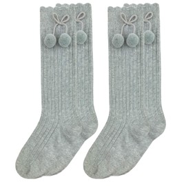 Jefferies Socks Girls Pom Pom Bow Cotton Knee High Socks 2 Pair Pack (XS - USA Shoe 6-11 - 2-4 Years, Grey Heather)
